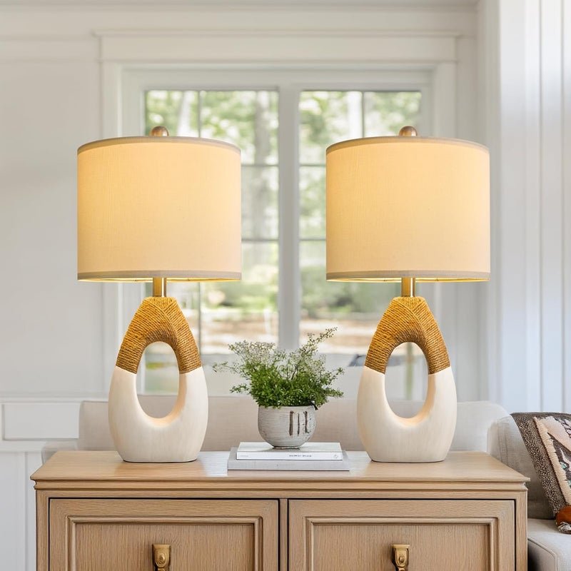 OYEARS 22” Boho Table Lamps for Bedroom Living Room Upgraded Set of 2 Medium Farmhouse Rattan Table Lamps, Rustic Home Decoration Nightstand Bedside Lamp for Office (Not Include Bulbs) - Image 1